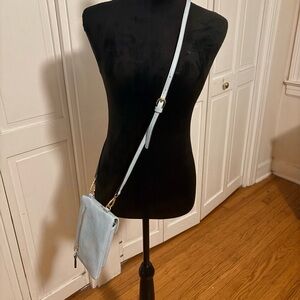 Light Blue Pebbled Leather Crossbody Purse w/ Gold Hardware.